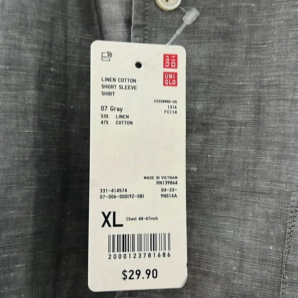 NWT Uniqlo Linen Cotton Short Sleeve Button Front Shirt XL Gray - Picture 3 of 3